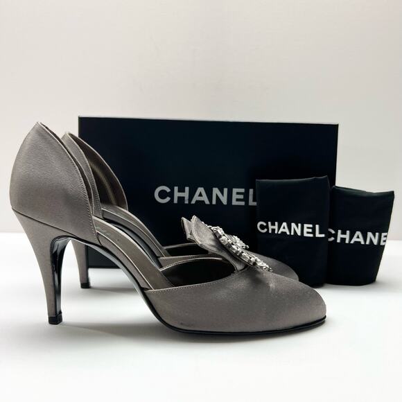 CHANEL Shoes - CHANEL Crystal Embellished D'Orsay Pumps EU 39.5 US 9.5 Dark Gray Satin Heels